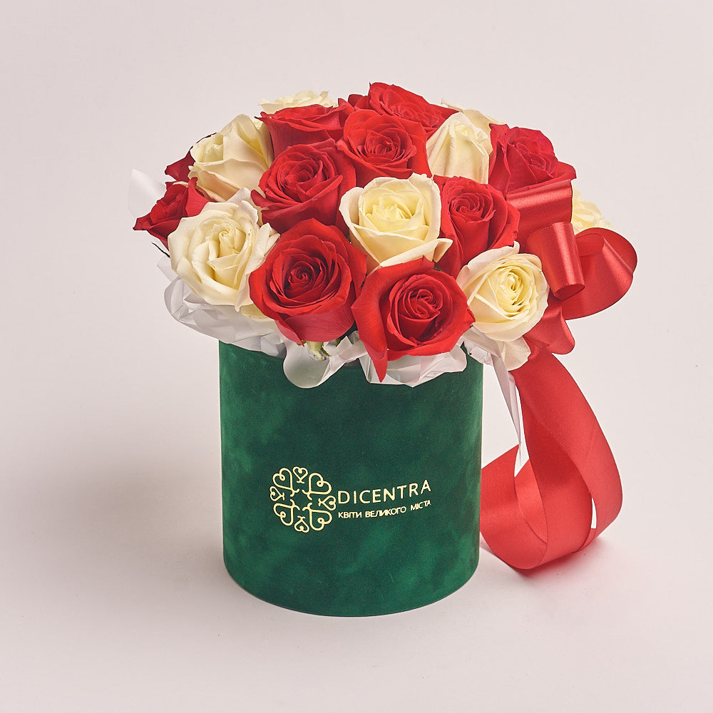 Box of 25 Red and White Roses
